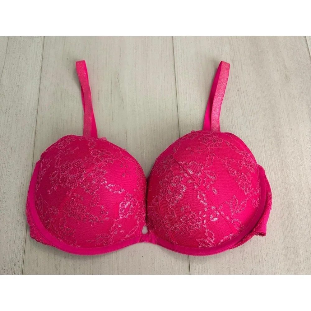 Victoria's Secret Dream Angels Padded Demi Bra Sz 36DD‎ Pink / Silver Lace